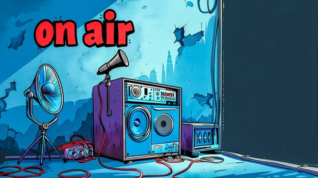 Colorful illustrated background featuring cartoon broadcasting equipment with an 'on air' sign