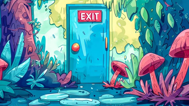 Vibrant artwork of a magical forest with an exit door amidst fantastical flora