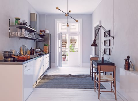 modern scandinavian style kitchen interior. 3d rendering design