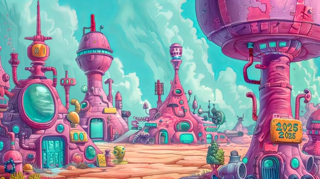 Vibrant and imaginative alien city illustration with playful structures under a clear sky