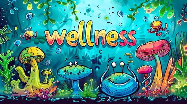 Vibrant cartoon artwork depicting an underwater scene with whimsical creatures and 'wellness' text
