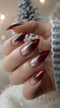 Closeup of a hand with beautifully manicured long red nails painted with nail polish. A creative display of art on each finger using natural materials