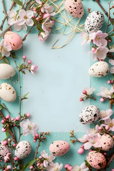 Aqua background with a pattern of easter eggs and flowers in pink and green, created with textile and jewellery elements. A mix of art and nature, the design includes delicate petals and twigs