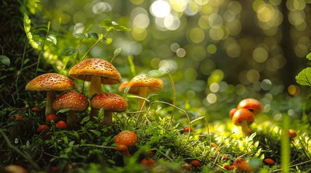 A cluster of mushrooms bathed in golden sunlight emerges from the verdant mossy floor of a serene forest, highlighting the natural beauty and tranquility of the woodland ecosystem - Generative AI