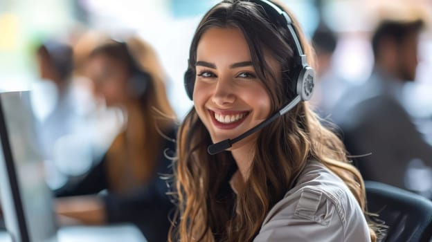 A portrait of a young woman working as a call center operator, female customer service.