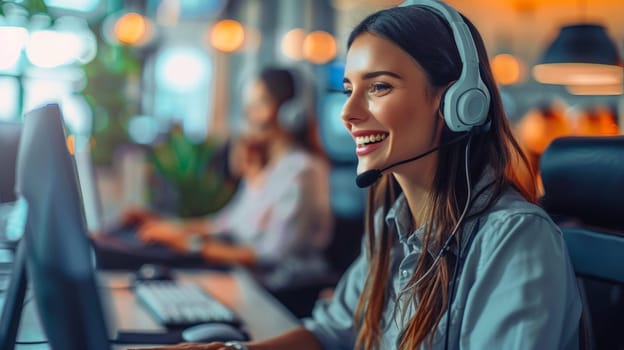 A portrait of a young woman working as a call center operator, female customer service.