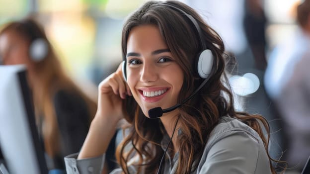 A portrait of a young woman working as a call center operator, female customer service.