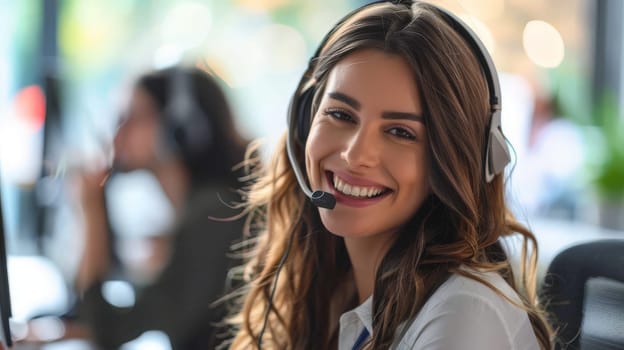 A portrait of a young woman working as a call center operator, female customer service.