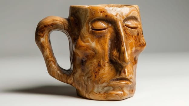 A carved wooden mug with a face on it sitting in front of white background