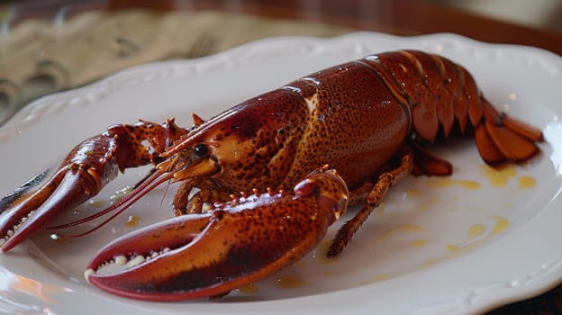 A large lobster sitting on a white plate with some sauce