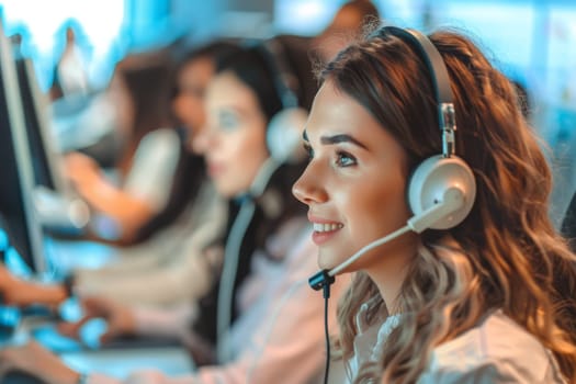 A portrait of a young woman working as a call center operator, female customer service.