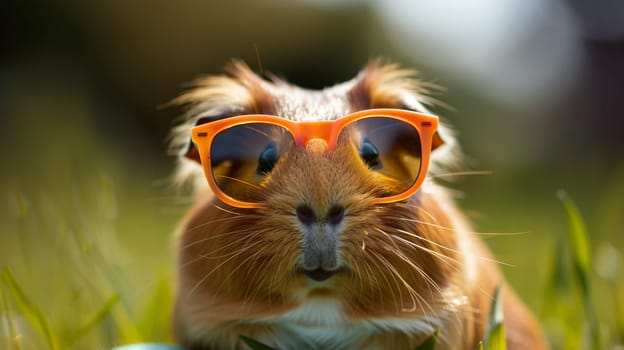 A guinea pig wearing sunglasses and sitting on a ball