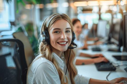 A portrait of a young woman working as a call center operator, female customer service.