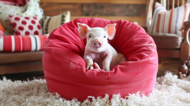 A small pig sitting in a bean bag on top of the rug