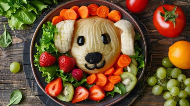 A plate of a dog made out of fruit and vegetables