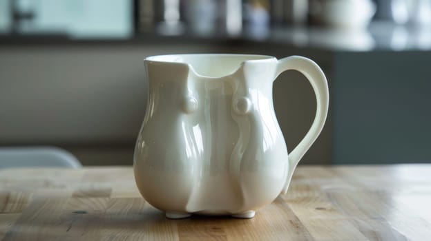 A white pitcher sitting on top of a wooden table