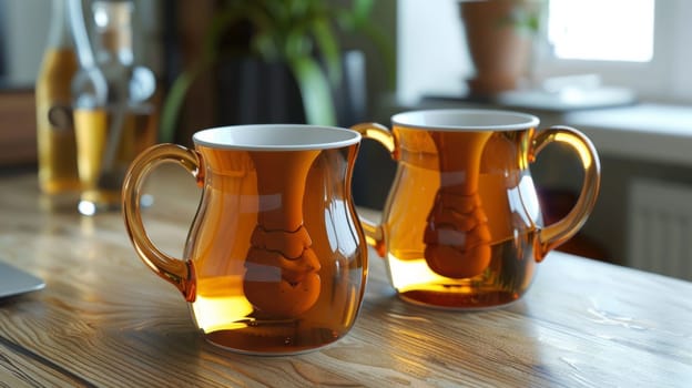 Two mugs sitting on a wooden table with some other items