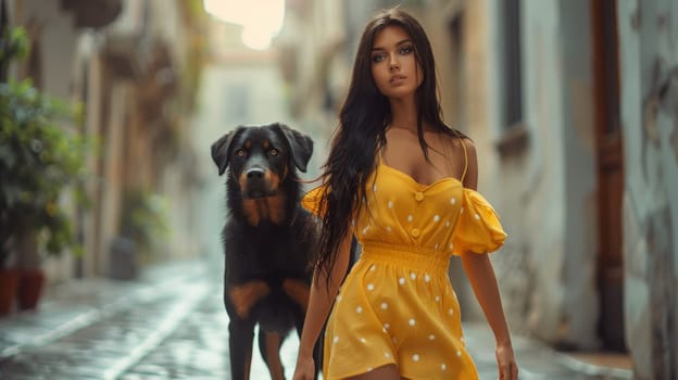 A woman in a yellow dress and black dog walking down the street