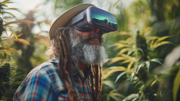 A man with a long beard and dreadlocks wearing virtual reality glasses