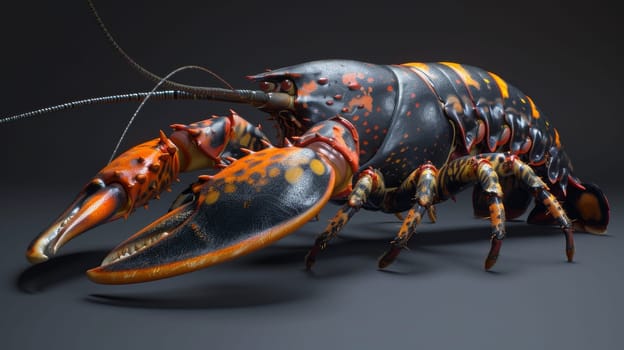A large lobster with orange and black spots on its body