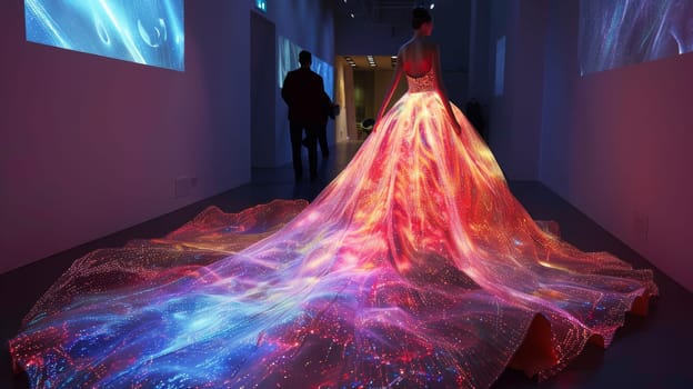 A woman wearing a dress with lights on it walking down the hallway