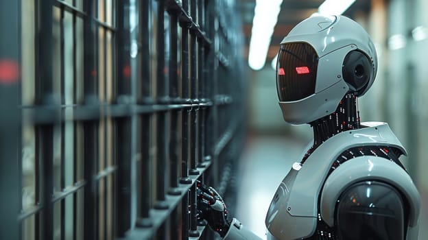 A robot is standing in a jail cell with bars on the wall