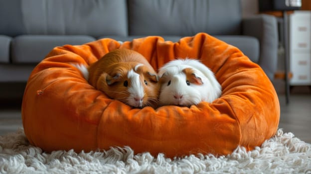 Two small guinea pigs are laying in a large orange pillow