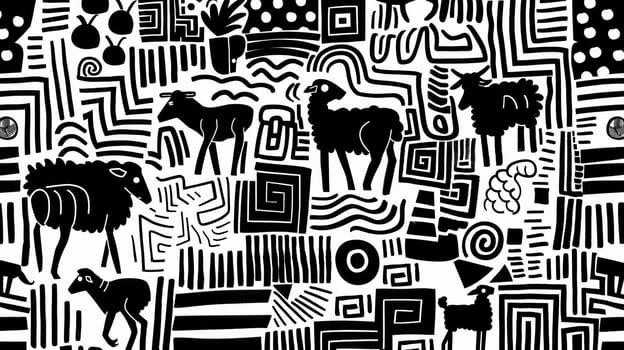 A black and white drawing of sheep, goats and other animals