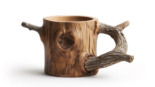 A wooden cup with a tree branch handle on top