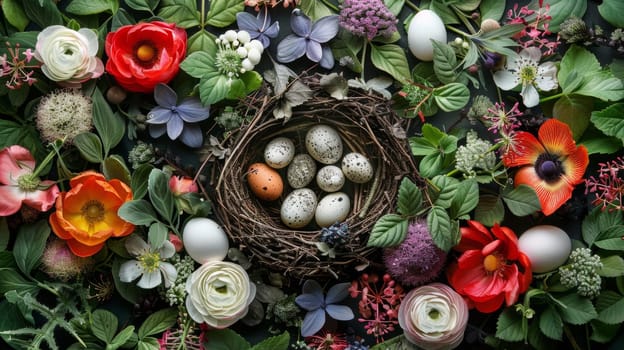 A nest with eggs and flowers on a table