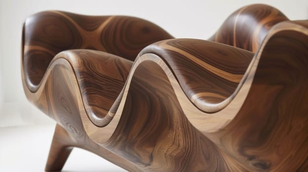 A close up of a wooden chair with wavy lines on it