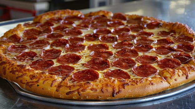 A pepperoni pizza on a metal pan sitting in front of the oven