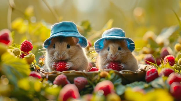 Two small rodents wearing hats are eating berries in a field
