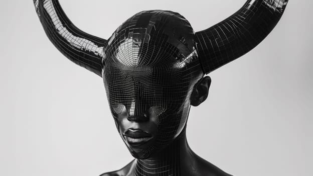 A black and white photo of a sculpture with horns on it