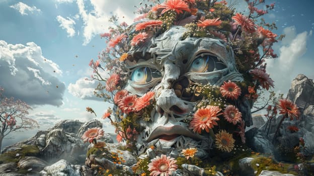 A sculpture of a face with flowers and leaves on it
