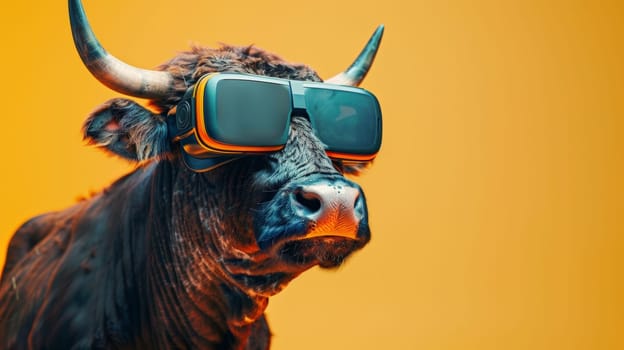 A bull wearing a pair of 3d glasses with an orange background