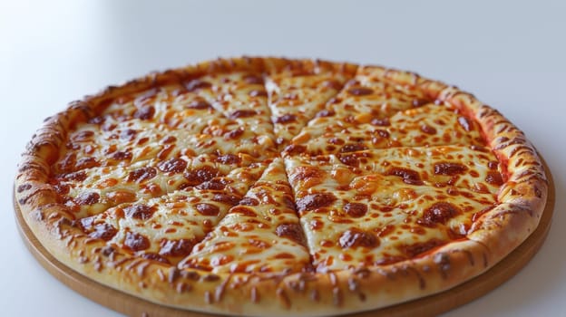 A pizza with pepperoni on a wooden board sitting in front of it