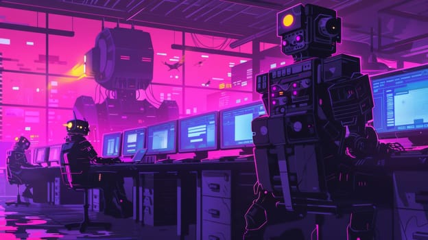 A futuristic scene of a man sitting at his computer desk