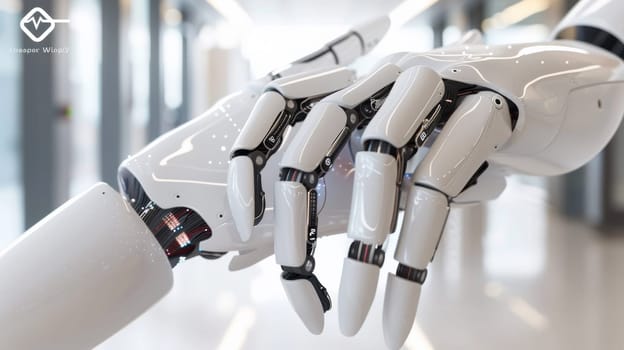 A robot hand is touching another robotic arm in a hallway