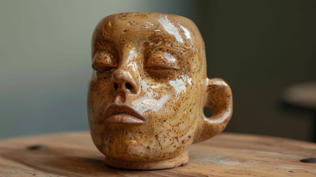 A close up of a ceramic face on top of wooden table