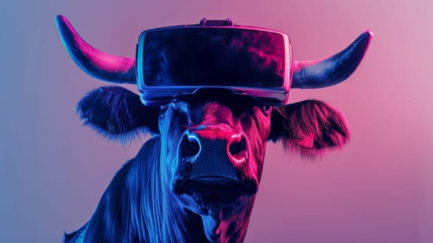 A bull wearing a virtual reality headset with the words "virtual" and "reality" written on it