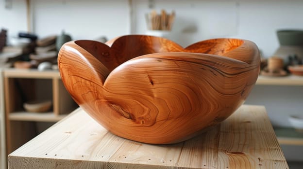 A wooden bowl sitting on top of a table in the middle of an empty room