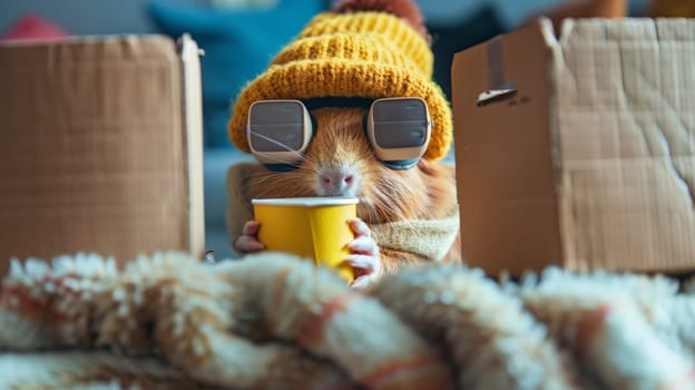 A guinea pig wearing a hat and glasses drinking from a cup