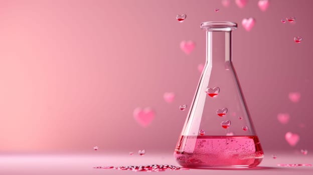 A glass bottle filled with pink liquid and hearts falling from it