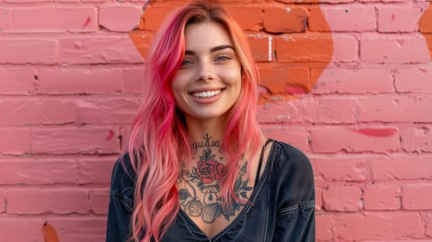 A woman with pink hair and tattoos smiling in front of a brick wall