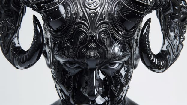 A close up of a black sculpture with horns on it