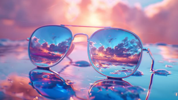 A pair of sunglasses with a reflection in them on water