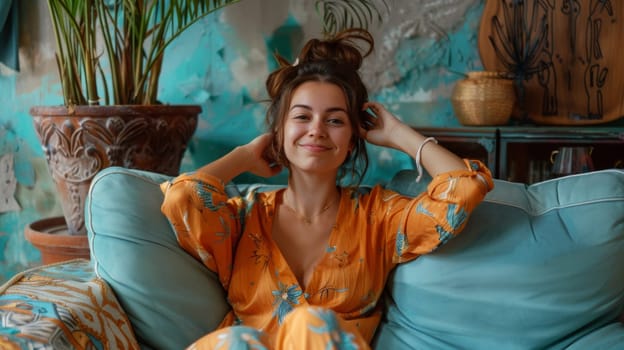 A woman sitting on a couch with her hair in pigtails