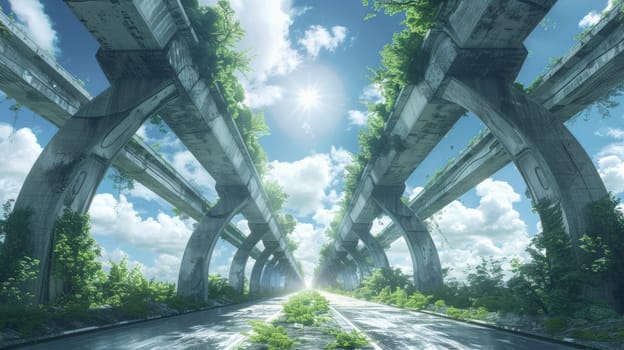 A view of a road with trees growing on it and the sun shining