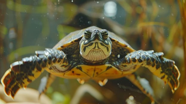 A turtle swimming in a tank with plants and rocks